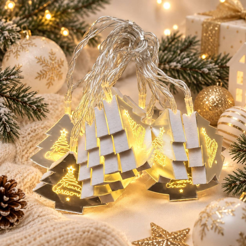 Новорічна гірлянда «Ялиночка Merry Christmas» на батарейках, 5 м, 10 дзеркальних фігурок, тепле біле світло