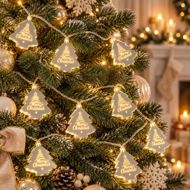 Новорічна гірлянда «Ялиночка Merry Christmas» на батарейках, 5 м, 10 дзеркальних фігурок, тепле біле світло