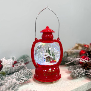 Новорічний ліхтар куля світильник нічник музичний 21см Хатинка, червоний, на батарейках в комплеті