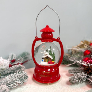 Новорічний ліхтар куля світильник нічник музичний 21см Хатинка, червоний, на батарейках в комплеті