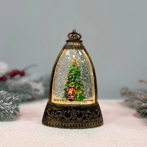 Новорічний ліхтар нічник міні з ялинкою всередині 13см на батарейках у комплекті