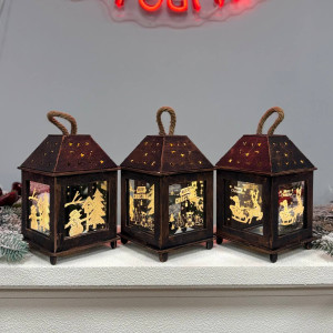 Новорічний дерев'яний ліхтар нічник Merry Christamas 22х13см бронза