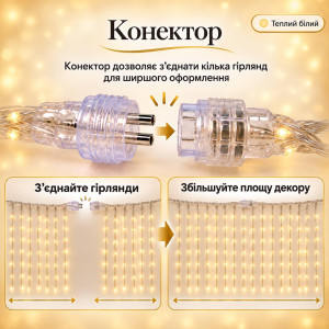 Гірлянда «Водоспад» 3×2 м, 320 LED, теплий білий, 10 ниток, прозорий провід, 8 режимів, конектор