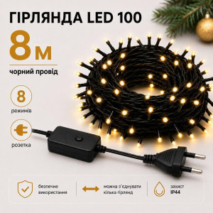 Гірлянда LED 100, чорний провід, теплий білий