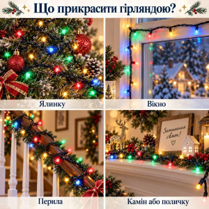 Гірлянда LED на батарейках 10 м, 100 LED, мультиколір, чорний провід