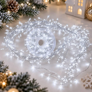 Гірлянда Роса «Хвойна лапа» Мішура 50 м, 1500 LED, холодний білий, білий мідний провід, пульт, 8 режимів