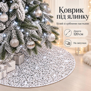 Новорічний килимок під ялинку білий зі срібними паєтками, блискучий декоративний килимок на липучках, діаметр 120 см